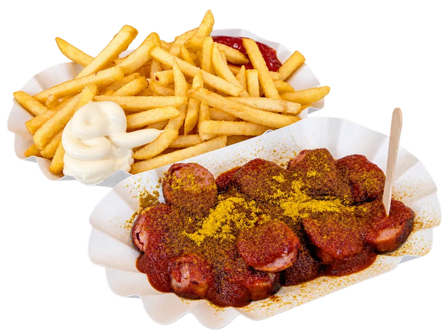Rote Currywurst mit Pommes