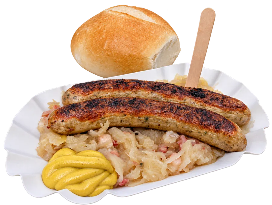 Schweinswürstl mit Sauerkraut und Semmel