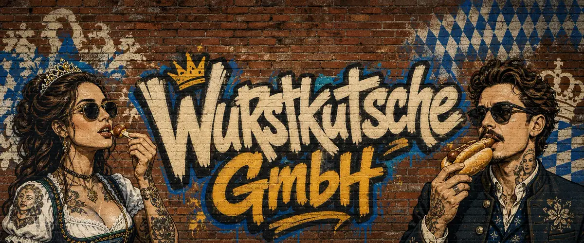 Graffiti auf einer Backsteinwand mit dem Schriftzug Wurstkutsche GmbH unter einer goldenen Krone. Links eine Frau im Dirndl mit Krone und Sonnenbrille, rechts ein Mann in Tracht, der in eine Bratwurst im Semmerl beißt.