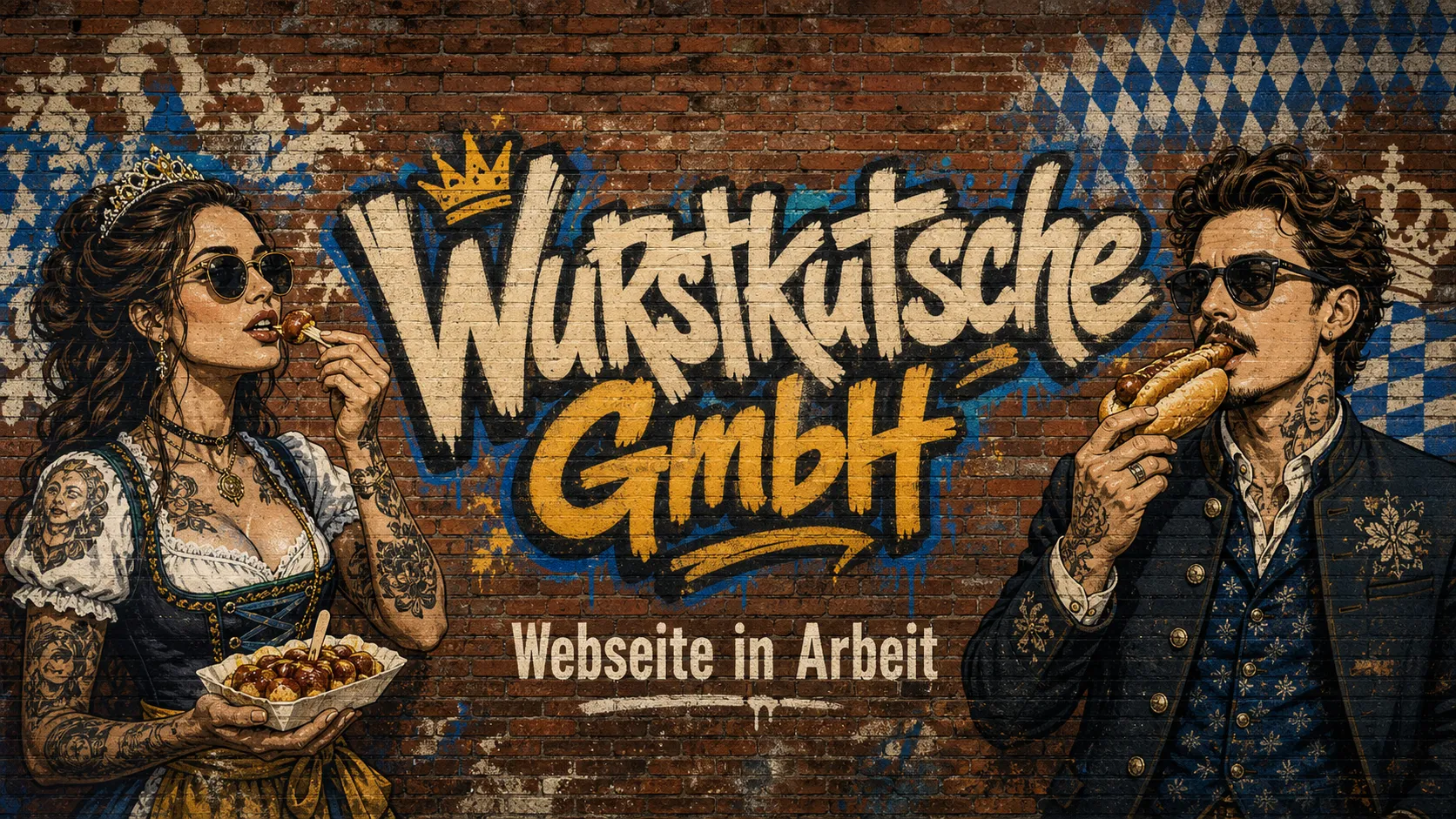 Graffiti auf einer Backsteinwand: Wurstkutsche GmbH, Webseite in Arbeit. Links eine Frau im Dirndl mit einer Schale Bratwurstschnecken, rechts ein Mann in Tracht mit einer Bratwurst im Semmerl.
